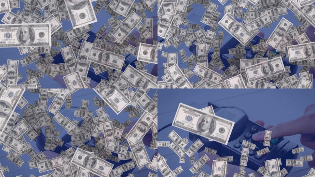美元钞票掉落在付款终端上的动画