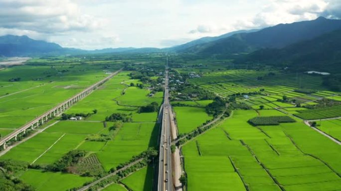 台湾台东关山镇绿色稻田及公路鸟瞰图