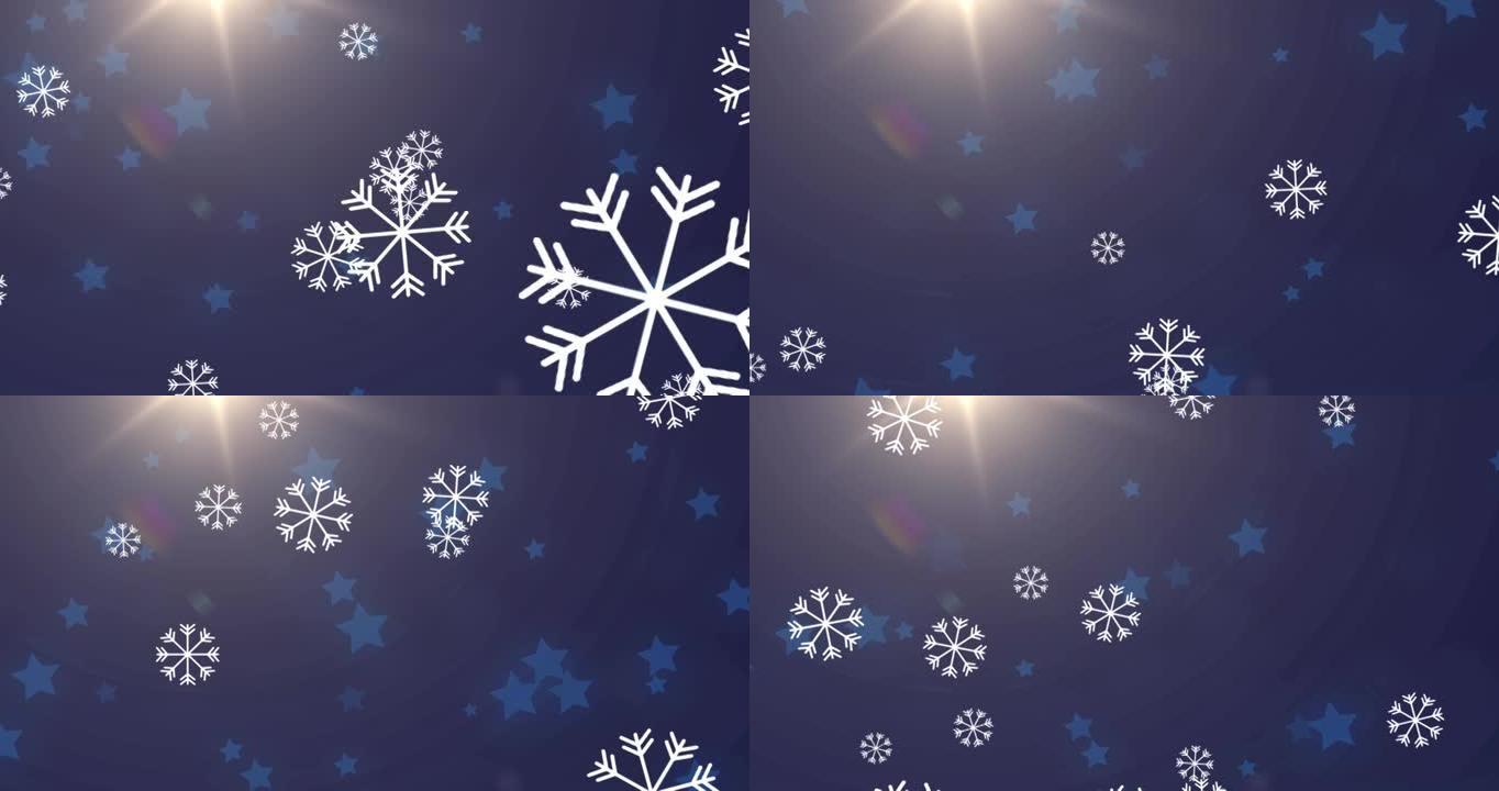 雪花落在蓝色星星图标上的数字动画漂浮在蓝色背景上