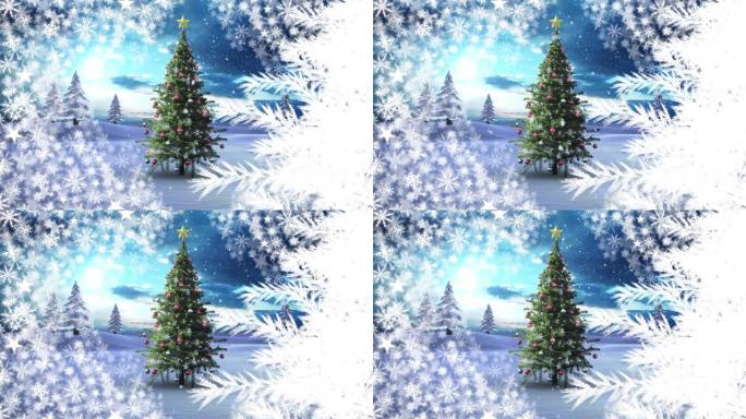 圣诞树上飘着雪的动画和冬天的风景