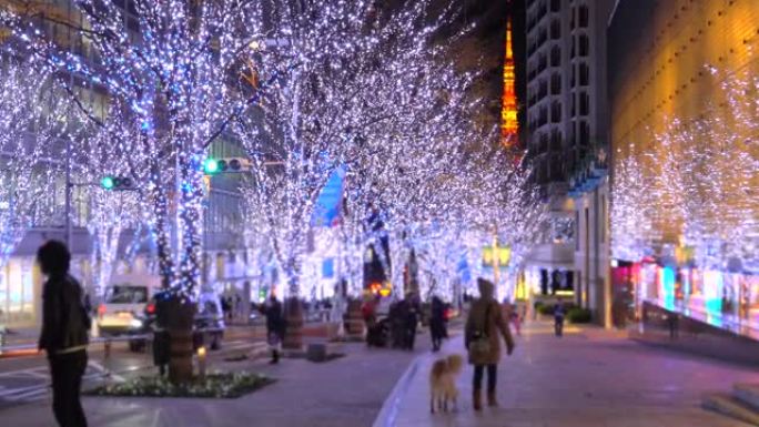 六本木榉坂的圣诞灯和人们，可以看到东京塔。