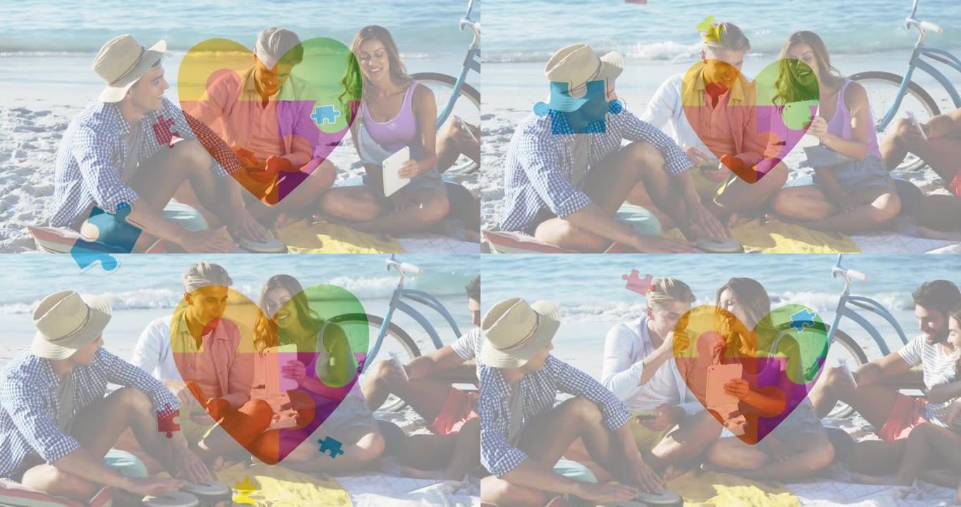 彩色拼图的动画在海滩上快乐的人身上