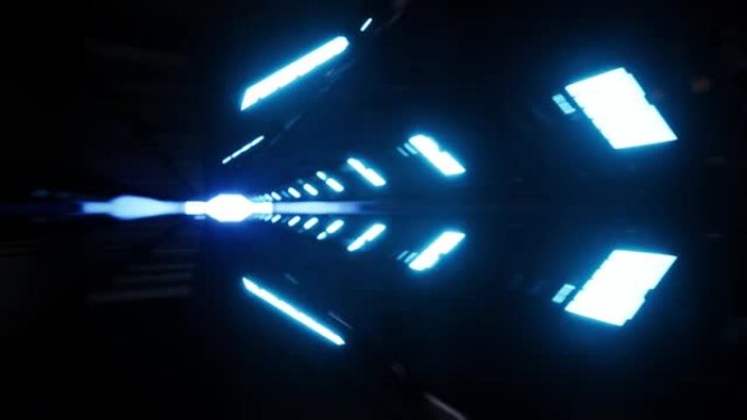 在带有蓝色激光霓虹灯线的未来派金属走廊内飞行，3d渲染