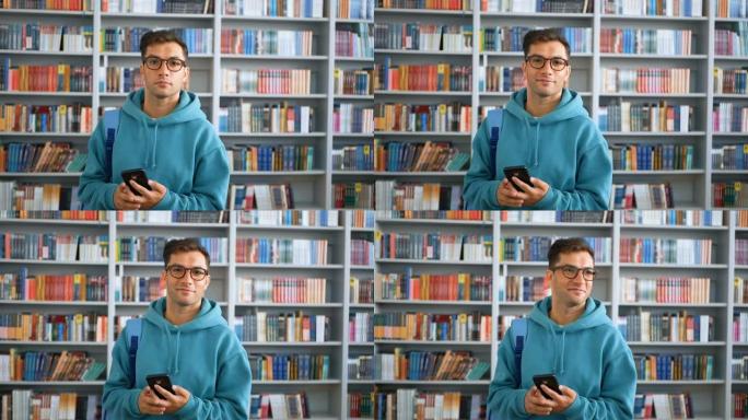 一位戴着眼镜的年轻千禧一代学生站在书架背景下的公共图书馆中，通过智能手机上的社交网络提要翻转