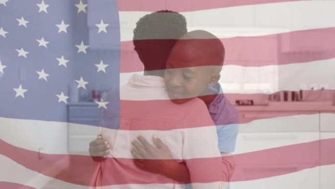 动画中的美国国旗在非裔美国人母亲怀中拥抱她的女儿