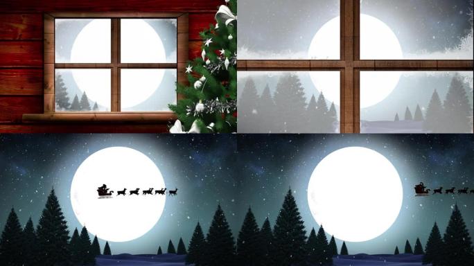 圣诞树在冬季风景和驯鹿圣诞老人的动画
