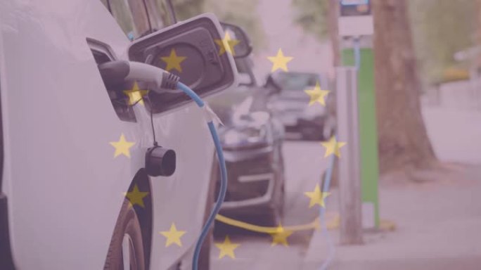 在电动汽车充电站充电的欧盟旗帜
