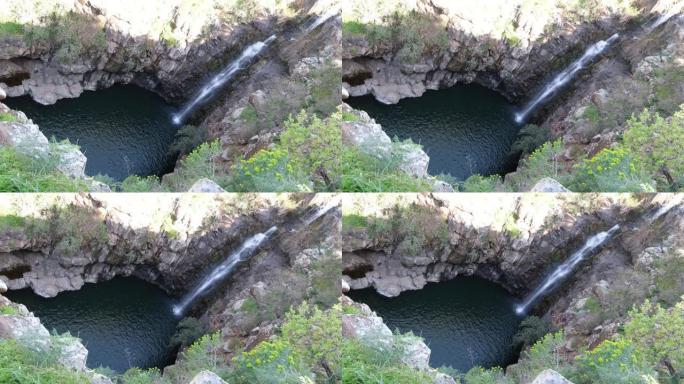天然玄武岩岩石瀑布。4K
