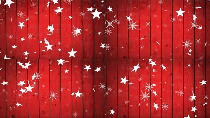 圣诞星星和雪花落在红色木制背景上的动画