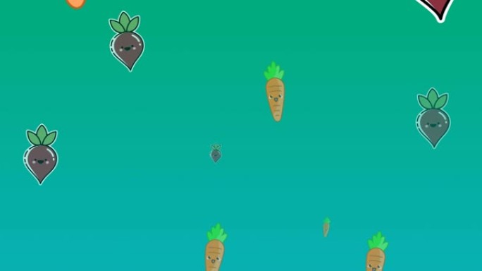 绿色背景上漂浮的多样卡通蔬菜动画
