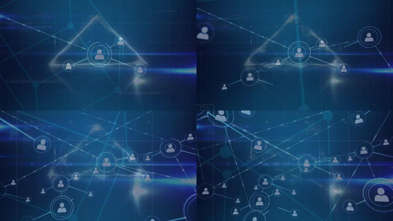 蓝色背景上的连接和数字形状网络动画