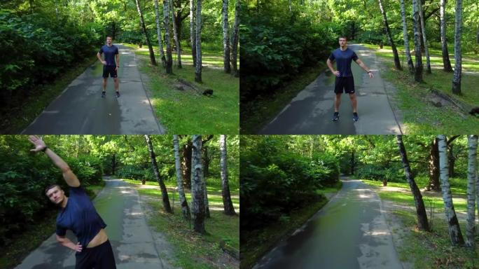 一名男子运动员在公园户外跑步，在森林周围，橡树绿草，年轻持久的运动运动员在户外运动。秋季跑步者伸展