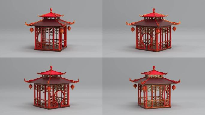 旋转亚洲中国木制露台在花园，中国乔木或东方馆无缝循环动画，3d渲染背景