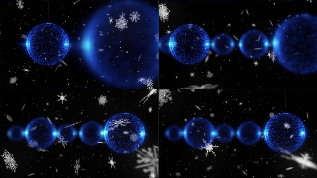 黑色背景上的蓝色圣诞球在积雪上的动画