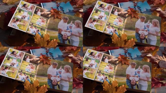 明亮的秋天树叶中的照片相册