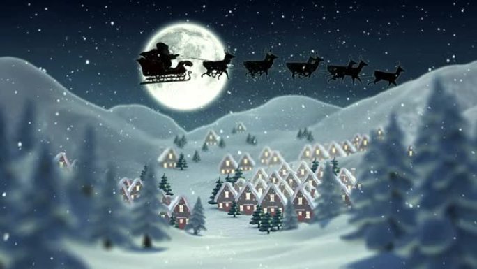 圣诞老人在雪橇上的动画与驯鹿在冬季的风景和月亮