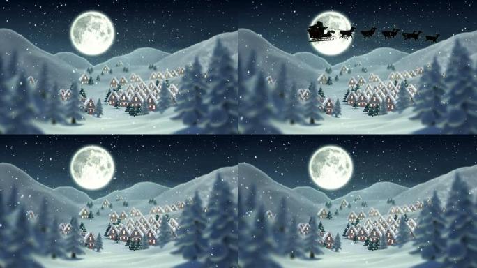 圣诞老人在雪橇上的动画与驯鹿在冬季的风景和月亮