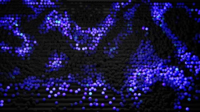 4k抽象循环背景，球形如灯泡或抽象花环。球或球体躺在台阶上。蓝紫色和浅色的波浪在台阶上滚动，形成美丽