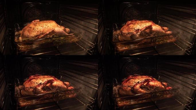 在烤箱里煮整只鸭子。烘焙晚餐