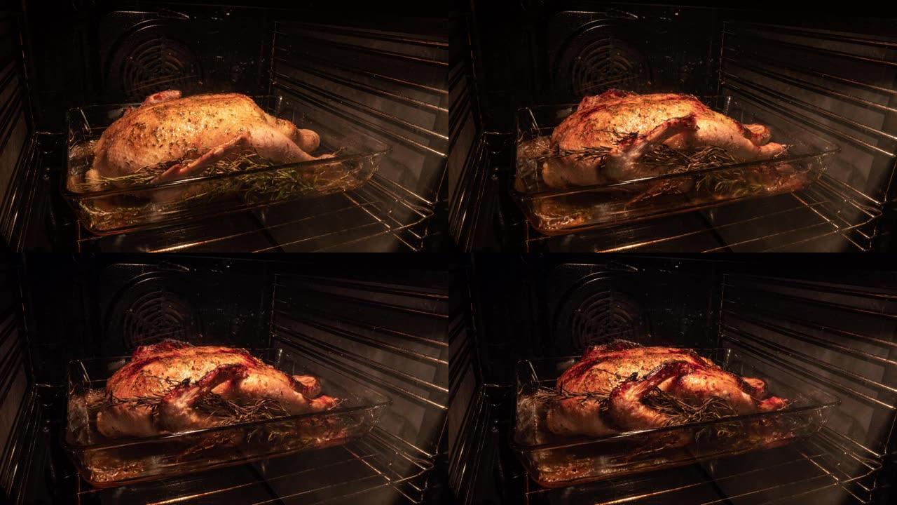 在烤箱里煮整只鸭子。烘焙晚餐