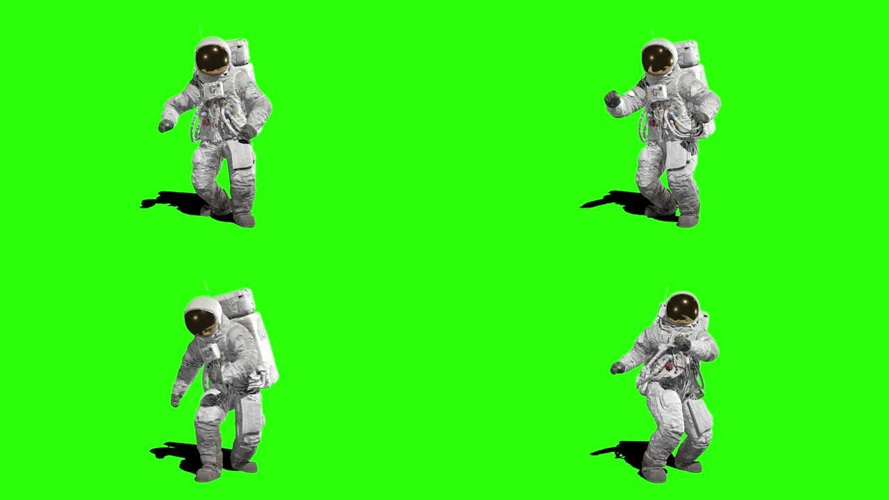 宇航员在绿色屏幕上跳舞。