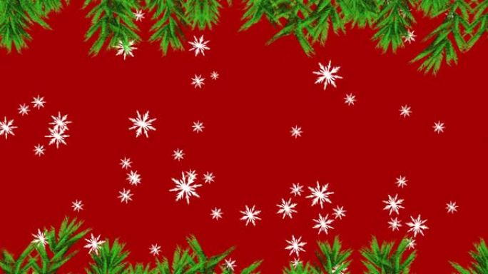 圣诞树树枝和雪花图标落在红色背景下