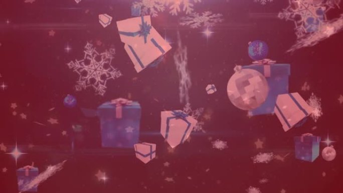带有红色滤镜的圣诞节礼物，球和雪落在背景上的动画