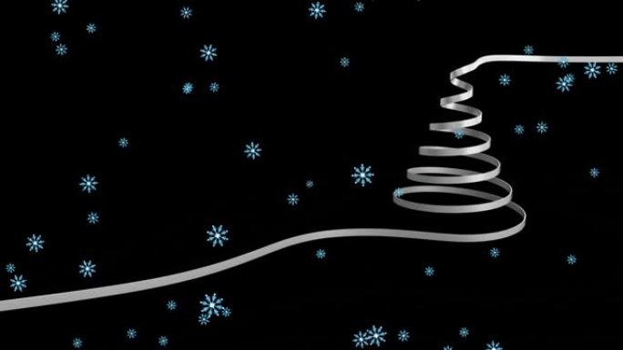 黑色背景上的雪花上圣诞树的线条造型动画