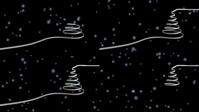 黑色背景上的雪花上圣诞树的线条造型动画