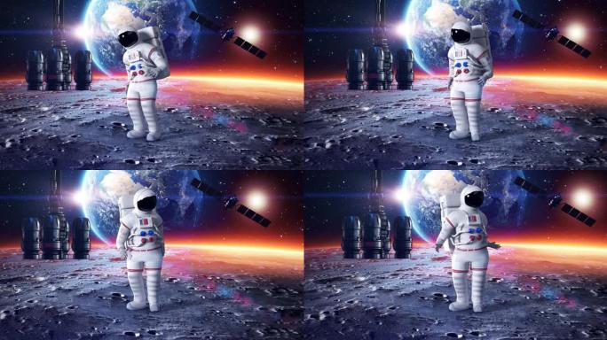 一名宇航员困惑地环顾四周。背景上的地球。