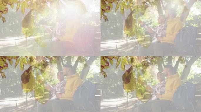 快乐的混血男性朋友在长凳上聊天，阳光照在树叶上的合成