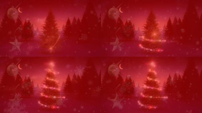 雪花落在流星周围的圣诞树在红色的背景