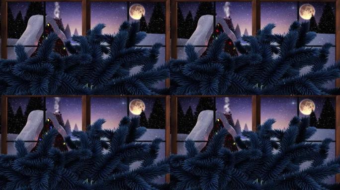 雪落在杉木树枝上的动画和透过窗户看到的冬季风景月亮
