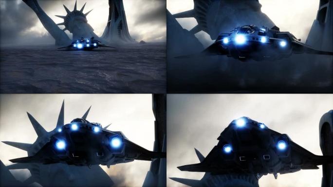 未来派船只降落在世界末日的美国沙漠。逼真的4k动画。