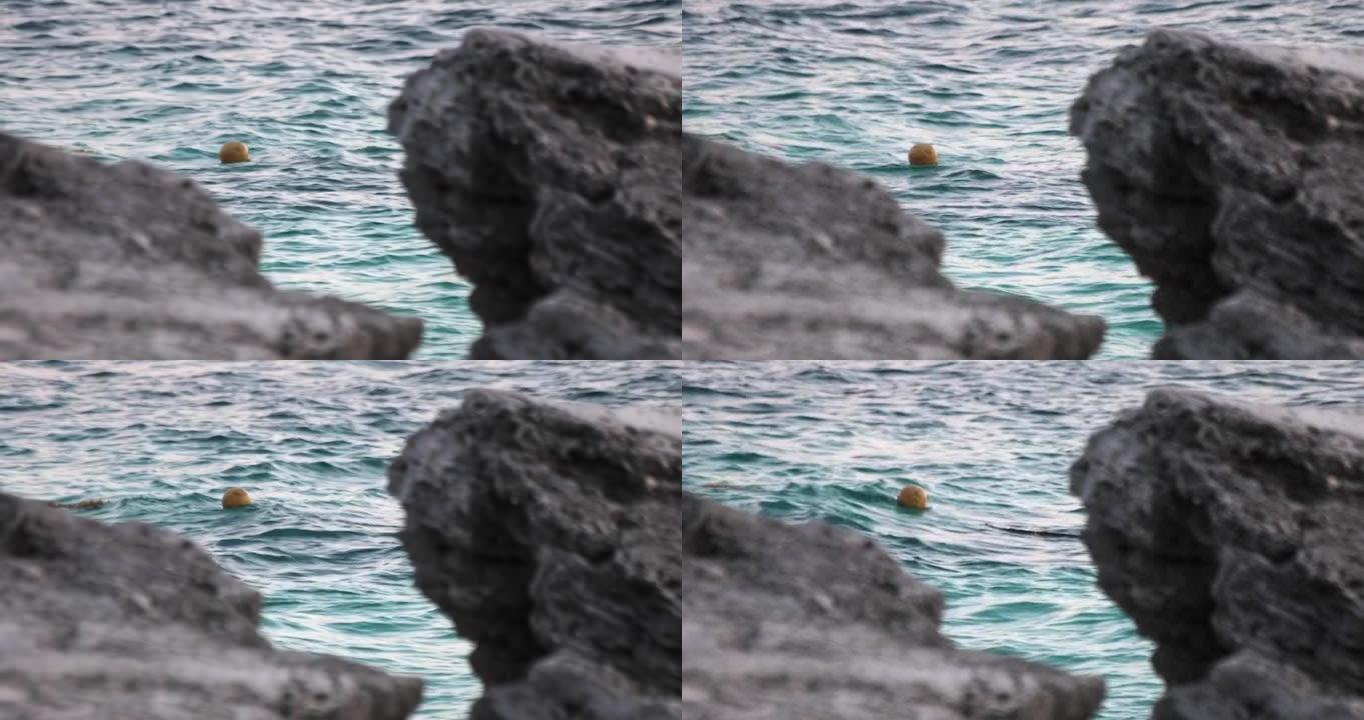 岩石之间水中的黄色球