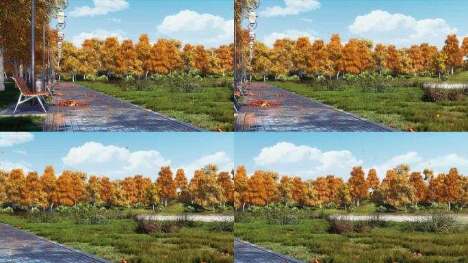 带空长凳3D动画的秋季公园走道全景
