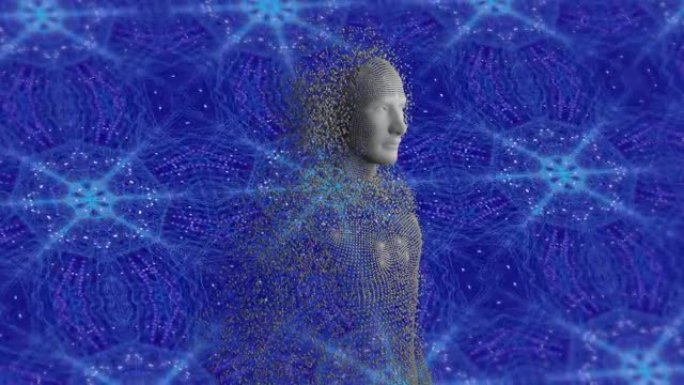 蓝色背景上爆炸粒子形成的人体动画