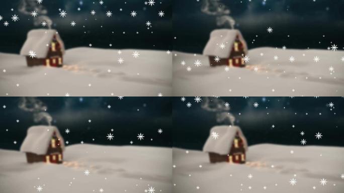 夜间降雪的动画带有房屋的冬季景观