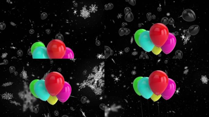 黑色背景上彩色气球飞越雪花的动画