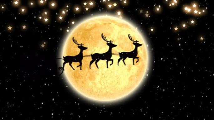 圣诞老人在雪橇上的动画，驯鹿在黑暗背景下在月球上移动