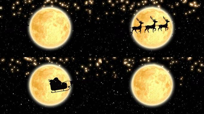 圣诞老人在雪橇上的动画，驯鹿在黑暗背景下在月球上移动