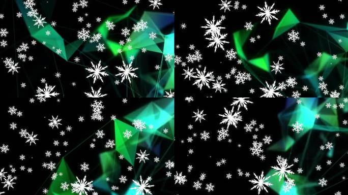 黑色背景上落下的圣诞雪花和绿色形状的动画