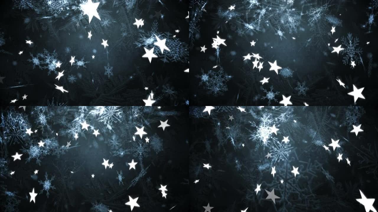 雪花和多个星星图标落在灰色背景下的数字动画
