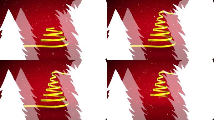 雪落在丝带上，形成红色背景上的圣诞树图标上的圣诞树