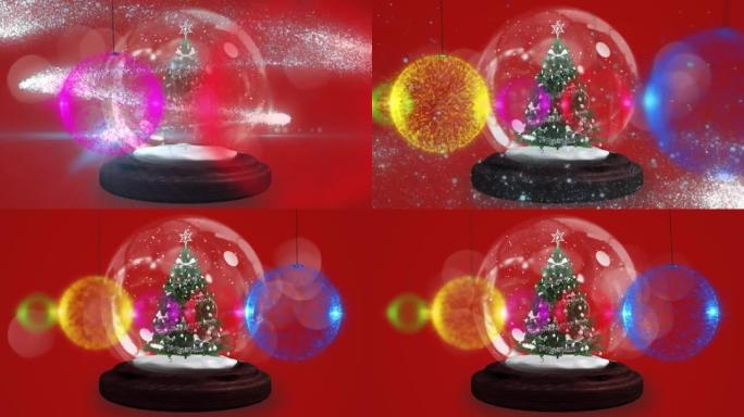 红色背景上的圣诞节小玩意和雪球动画