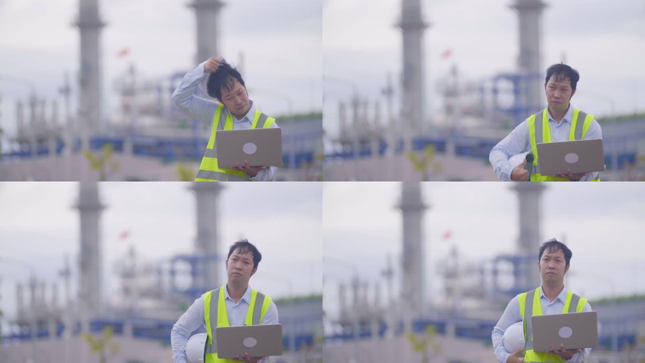 男性工程师亚洲工人，并在笔记本电脑上工作的工厂脱帽