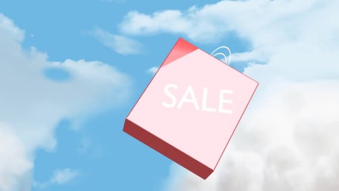销售文字落在多云天空上的购物袋动画