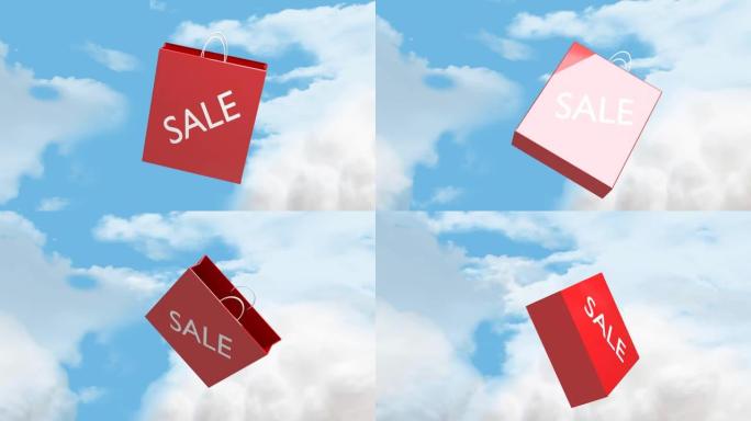销售文字落在多云天空上的购物袋动画