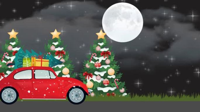 红色汽车在圣诞节风景中交付礼物的动画
