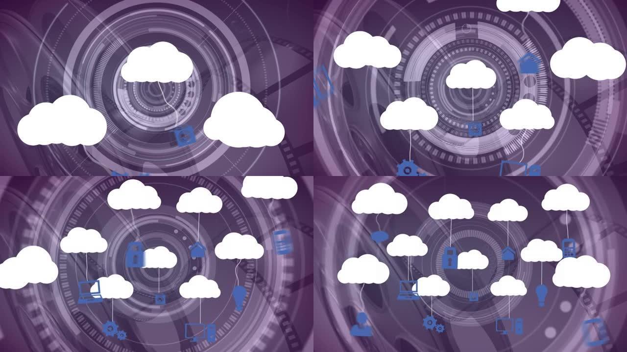 在旋转圆形范围内悬挂网络图标的云的动画
